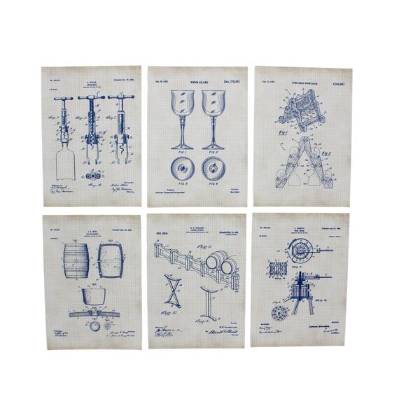 6 BAR Patent Prints 5x7" Wine Beer Keg FREE SHIPPING Antiqued Grid BlueInk Craft - Picture 2 of 11